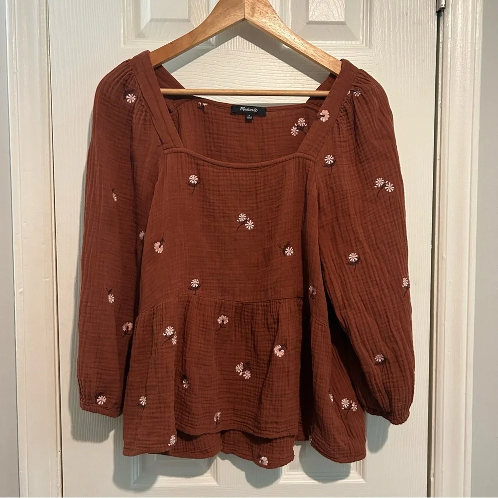 Madewell Amie Floral Embroidered Puff-Sleeve Peplum Top - Size Small